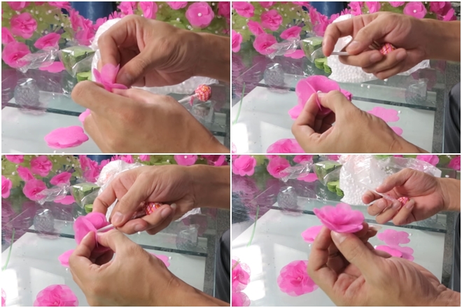 cách làm hai bông hoa bằng giấy lụa