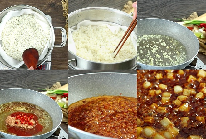 Nấu gạo nếp và chấm tương ớt