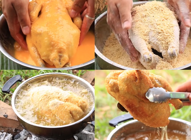 Nhúng gà vào hỗn hợp trứng và bột rồi chiên cho đến khi chín vàng trong dầu nóng