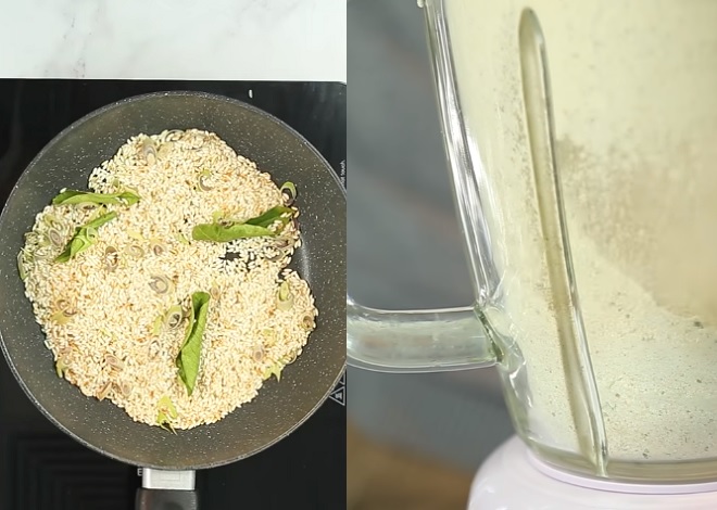 Rang gạo với lá chanh và sả, sau đó xay nhuyễn với một số nguyên liệu khác.