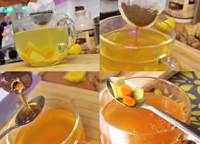 cách pha trà gừng nghệ từ trà đen túi lọc với siro cây phong ngọt