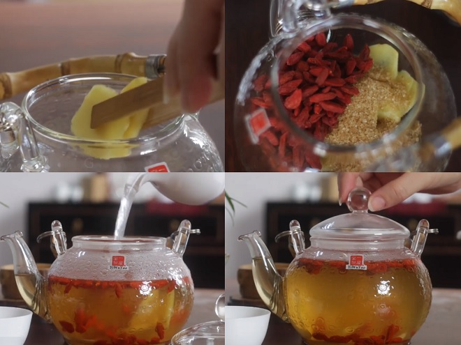 Cho mía, quả kỷ tử và lát gừng đã pha với nước nóng vào ấm trà thủy tinh có nắp đậy.