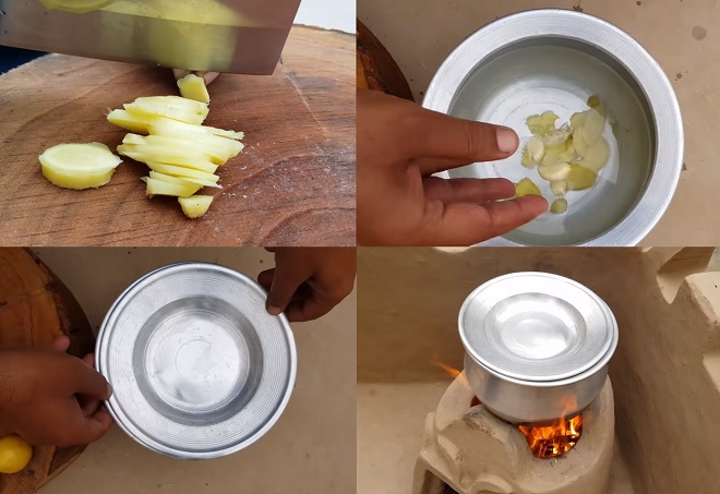 Cho gừng và tỏi vào bình dùng để pha trà Ấn Độ, đậy nắp và đun sôi trên bếp