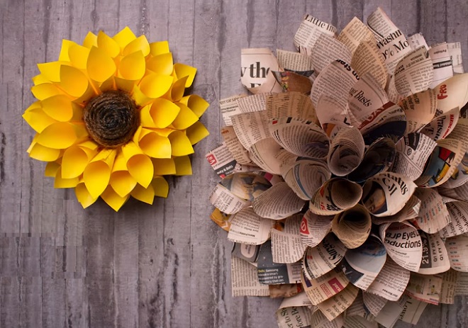 cách làm hoa giấy dán tường từ giấy bìa cứng và giấy báo xinh xắn