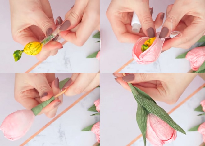 gắn cánh hoa tulip xung quanh viên kẹo và gắn lá đi kèm