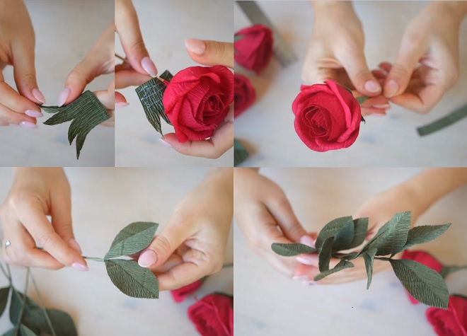 làm đài hoa hồng và tạo các cành lá từ giấy nhún màu xanh