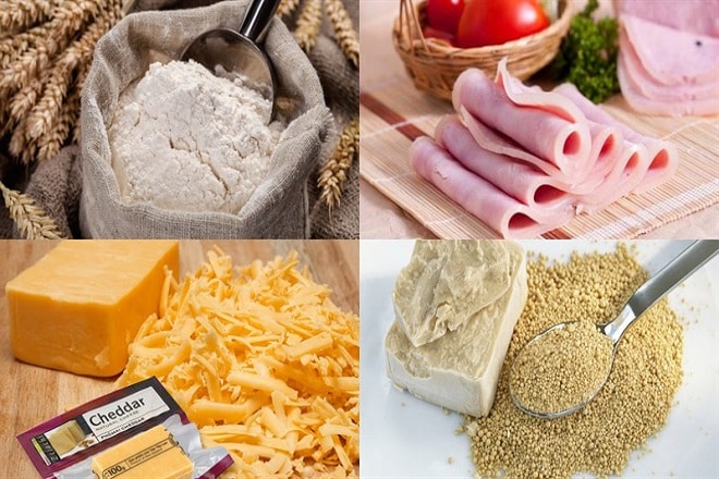 Ingredients for making croissants with cold meat cheese