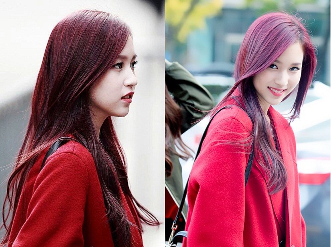 Mina trong mái tóc nhuộm màu đỏ rượu