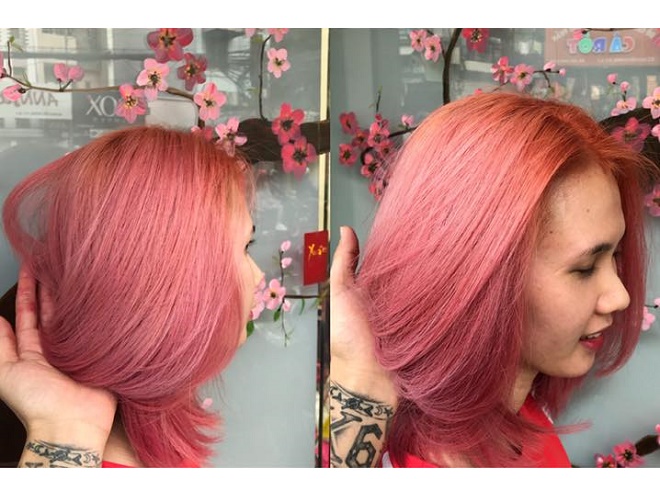 Tóc ngắn nhuộm đỏ pastel tại Wind Hair Salon