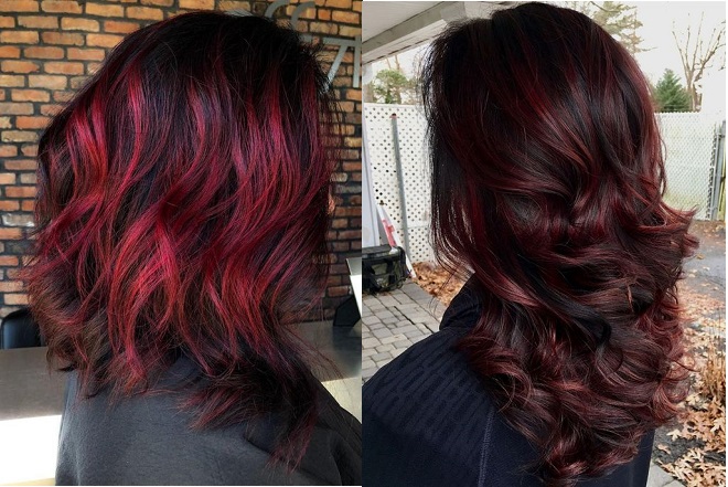 Màu đen đổi mới với tóc nhuộm highlight đỏ sẽ mang lại một phong cách thật sự nổi bật và mới mẻ cho bạn. Việc tỉa ngọn tóc càng phát huy sự tương phản đậm nét hơn. Hãy xem ảnh để thấy cách kết hợp màu sắc tuyệt hảo này!