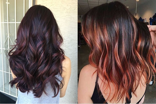 2 mẫu tóc đen nhuộm màu hồng ánh vàng highlight