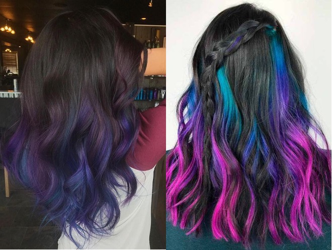2 mẫu tóc highlight màu tím và màu xanh
