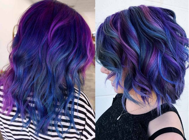 Tóc xanh tím: Hãy thử sức với một phong cách táo bạo và nổi bật hoàn toàn mới với tóc xanh tím. Hình ảnh sẽ giúp bạn thấy rõ sự độc đáo và sáng tạo của kiểu nhuộm tóc này.