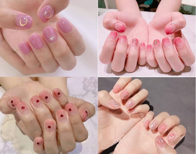các mẫu nail sơn màu hồng đính đá