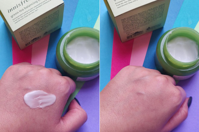 bôi kem dưỡng ẩm trà xanh Innisfree lên da tay