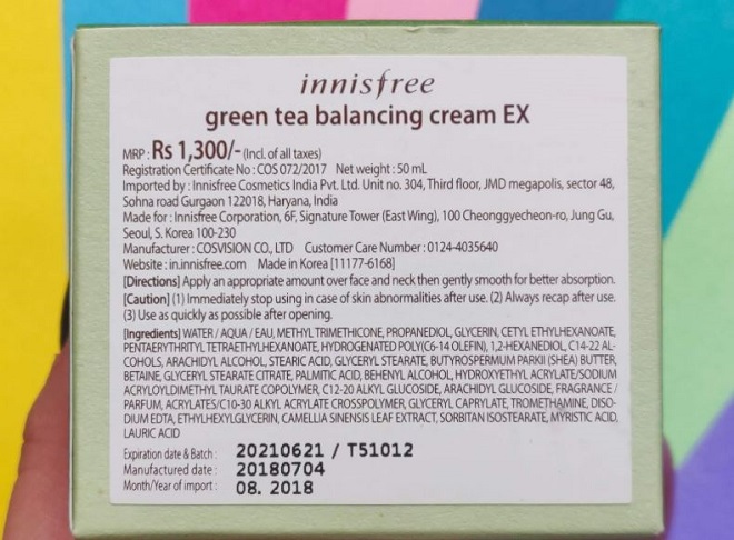 thành phần kem dưỡng ẩm Innisfree Green Tea Balancing Cream Ex 50 ml