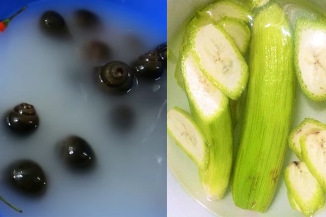 Sơ chế nguyên liệu ốc và chuối