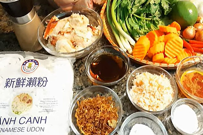 Ingredients for cooking crab and pork noodle soup