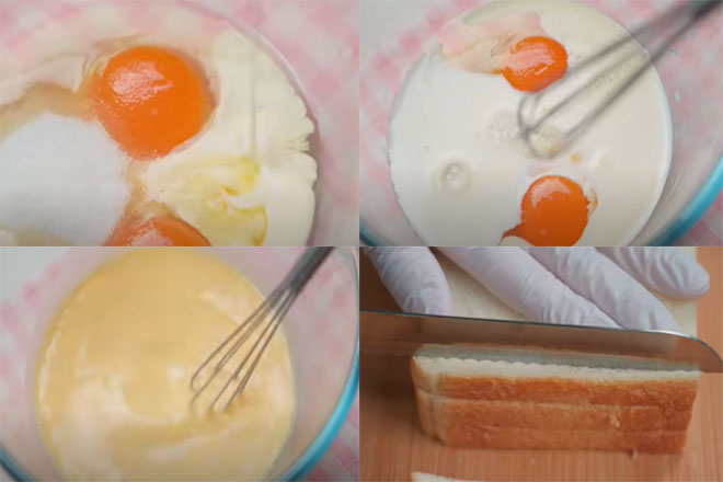Làm hỗn hợp sữa trứng và cắt bánh mì