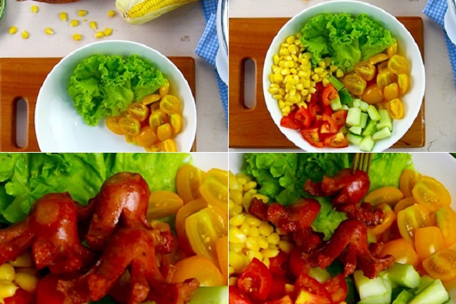 Cách nấu món salad rau củ với xúc xích