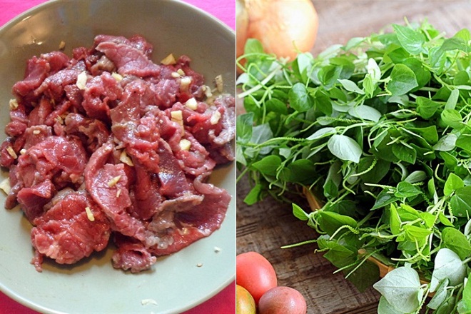 ướp thịt bò và rau càng cua trộn salad