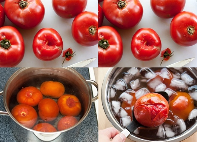 chần sơ cà chua và ngâm qua nước đá