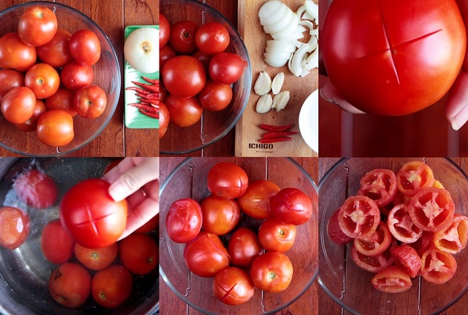 Khâu xử lí cà chua sống để luộc chín và cắt lát
