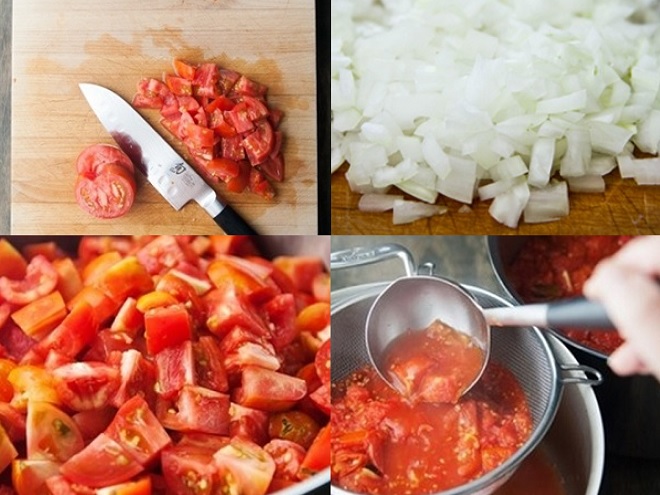 sơ chế nguyên liệu thô và chia thành 2 phần cà chua để chế biến