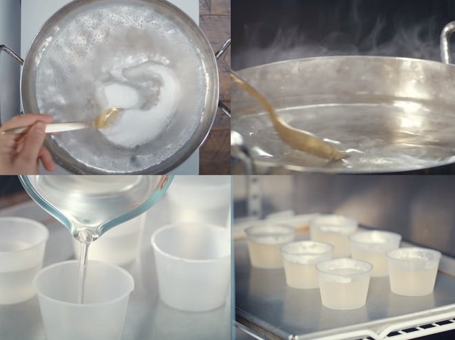 công đoạn nấu base và đổ vào cốc mini giữ lạnh
