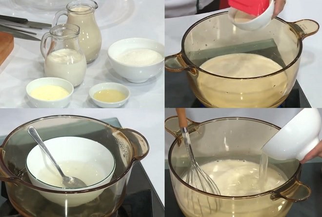 đun hỗn hợp sữa đậu nành và chưng cách thủy nước gelatin cho vào nồi