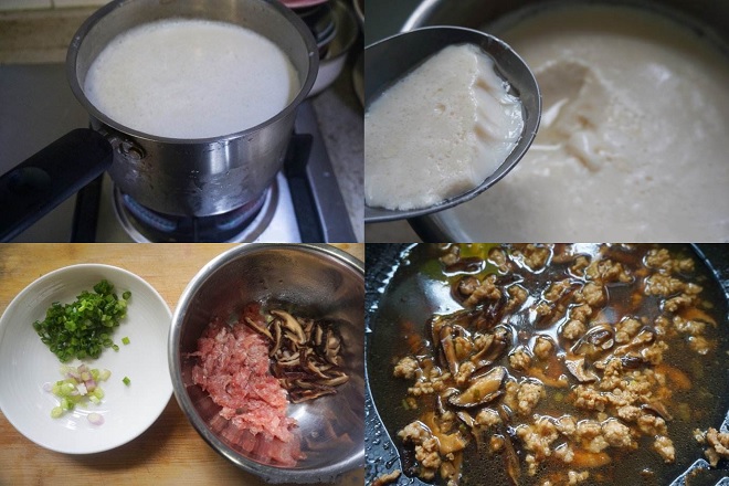 đun nóng sữa đậu nành tạo thành tào phớ và xào hỗn hợp thịt nấm