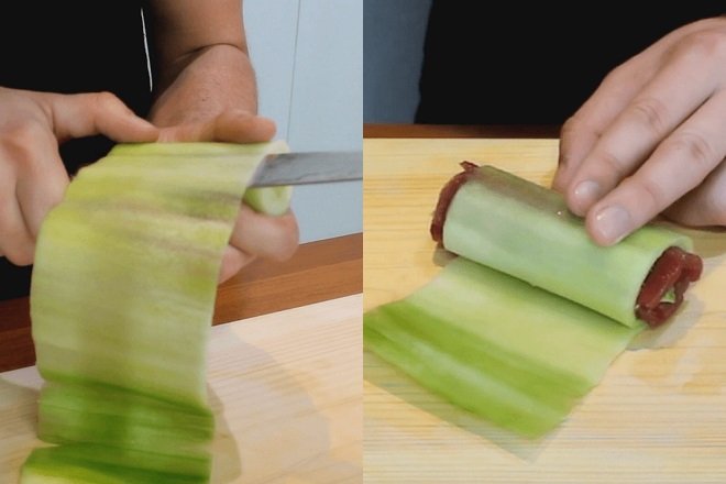cách cắt dưa leo thành lớp mỏng cuộn sushi