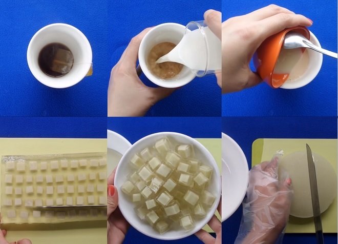 công đoạn pha trà sữa và cắt nhỏ 2 loại thạch