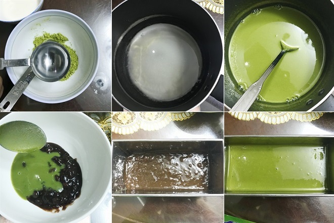 nấu bột agar trà xanh và trộn với mứt đậu đỏ