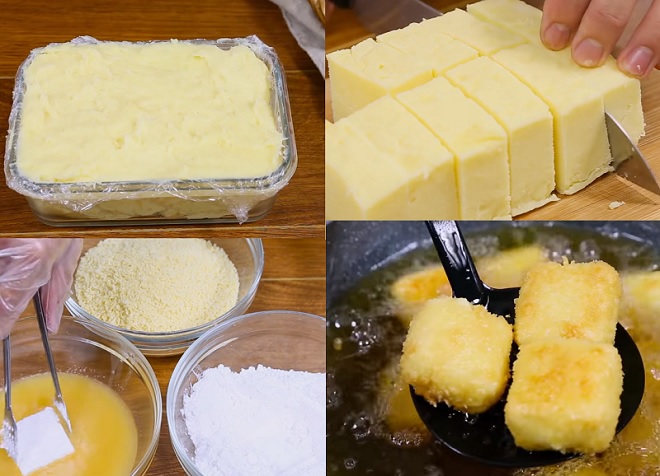 cắt miếng khối bột bánh đã đông và lăn qua 3 lớp khác nhau để chiên vàng giòn