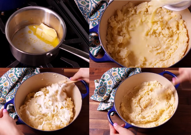 đun hỗn hợp bơ sữa để trộn vào khoai tây với kem chua và muối, tiêu