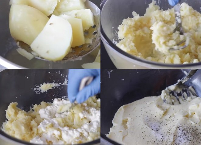 nghiền khoai tây đã luộc và trộn với kem phô mai kèm muối với tiêu