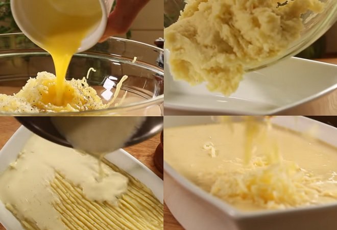 trộn bơ, muối, tiêu vào khoai tây và phủ hỗn hợp kem trứng với phô mai khi đã dàn khoai vào khay