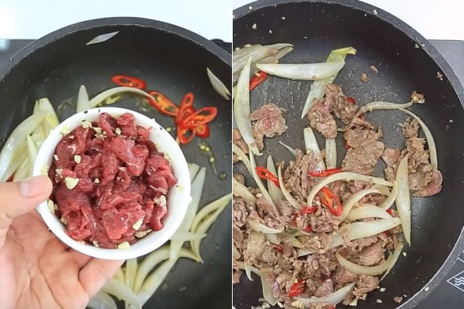 xào hành tây với thịt bò, ớt tươi