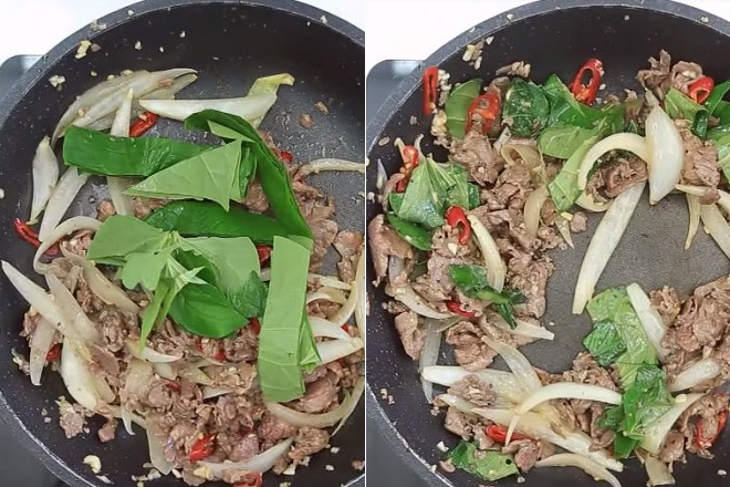 xào lá lốt với chảo chịt bò