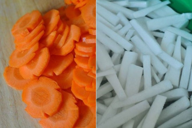 cà rốt tỉa hoa, củ cải trắng ngâm với phèn chua.
