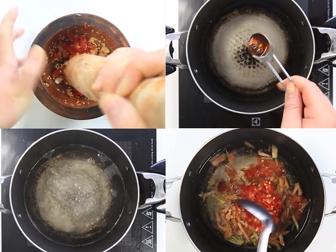 trộn gừng tỏi ớt vào hỗn hợp nước mắm