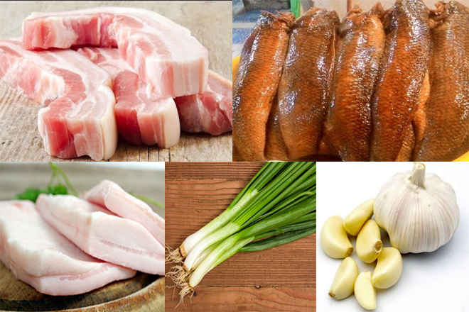 Mắm cá lóc, thịt ba chỉ, mỡ heo, tỏi, hành lá