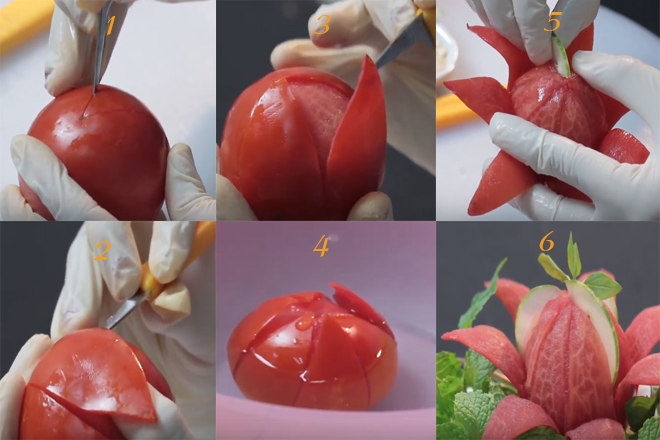Cách làm hoa sen từ quả cà chua. 