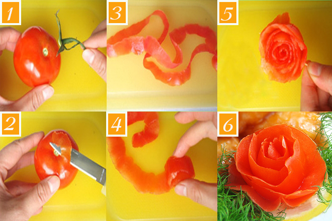 Thực hiện cách tỉa hoa hồng từ cà chua. 