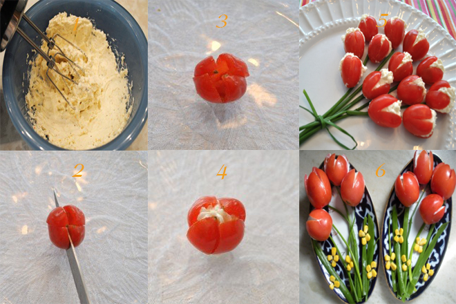 Các bước cắt tỉa hoa tulip từ cà chua bi. 