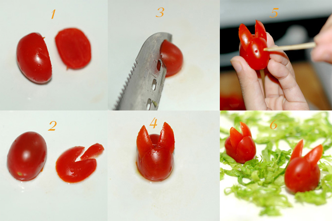 Các bước thực hiện tỉa thỏ xinh từ cà chua. 
