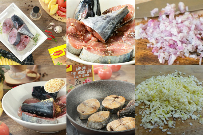 Bước đầu sơ chế nguyên liệu cho món cá ngừ kho thơm. 