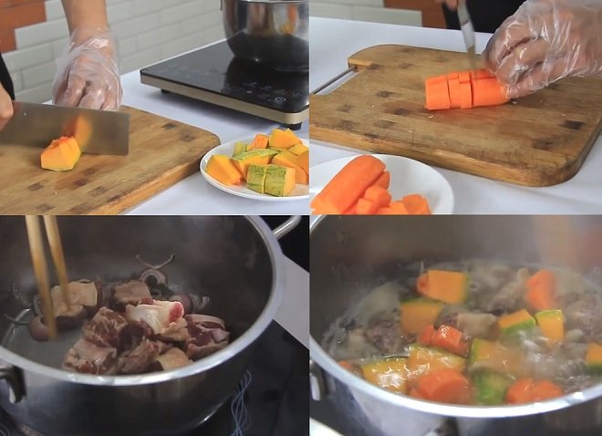 xào thịt bò trước khi đun sôi trong nước với bí và cà rốt đã cắt khúc
