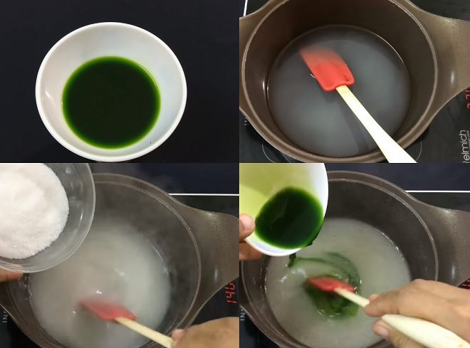lần lượt đun nước rau câu giòn với hỗn hợp đường trộn bột rau câu dẻo và nước trà xanh